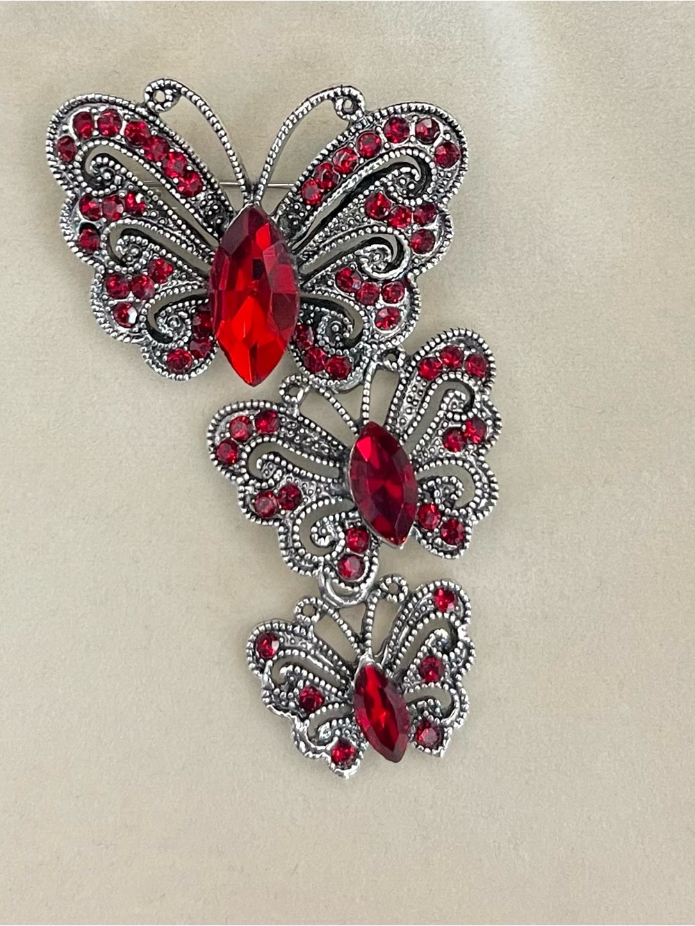 Silver Red Rhinestone Triple Tier Dangle Butterfly Brooch Pin 2.25" Long 1” wide